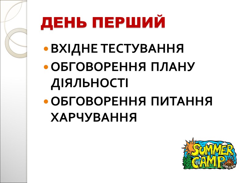 ДЕНЬ ПЕРШИЙ ВХІДНЕ ТЕСТУВАННЯ ОБГОВОРЕННЯ ПЛАНУ ДІЯЛЬНОСТІ ОБГОВОРЕННЯ ПИТАННЯ ХАРЧУВАННЯ